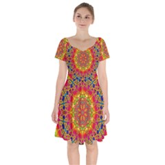 Pattern Button Logo Characters Short Sleeve Bardot Dress