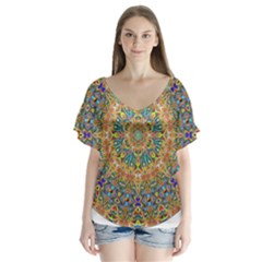 Colorful Pattern Color V-neck Flutter Sleeve Top by Pakrebo