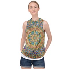 Colorful Pattern Color High Neck Satin Top