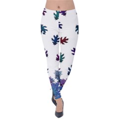 Blue Purple Leaves Velvet Leggings by LoolyElzayat