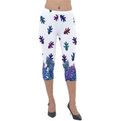 Blue Purple Leaves Lightweight Velour Capri Leggings  by LoolyElzayat