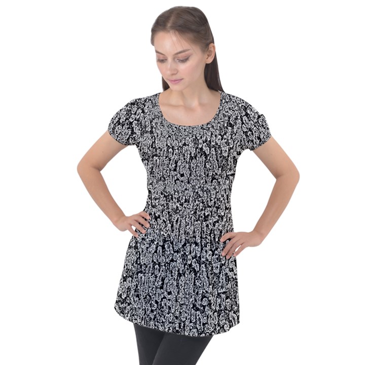 Black And White Abstract Puff Sleeve Tunic Top