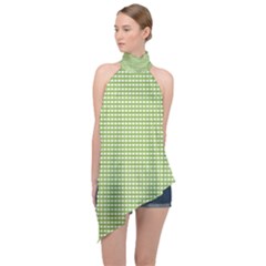 Green Gingham Halter Asymmetric Satin Top