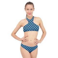 Turquoise Polka Dot High Neck Bikini Set by retrotoomoderndesigns