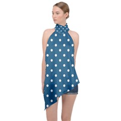 Turquoise Polka Dot Halter Asymmetric Satin Top