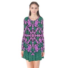 The Most Uniqe Flower Star In Ornate Glitter Long Sleeve V-neck Flare Dress by pepitasart