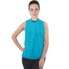 Turquoise And Black  Mock Neck Chiffon Sleeveless Top