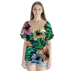 Hibiscus Dream V-neck Flutter Sleeve Top