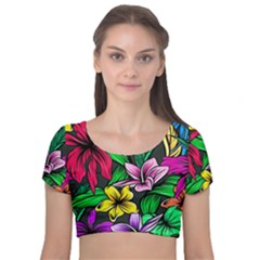 Neon Hibiscus Velvet Short Sleeve Crop Top 