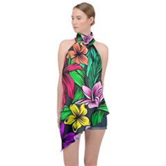 Neon Hibiscus Halter Asymmetric Satin Top