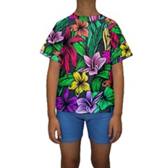 Neon Hibiscus Kids  Short Sleeve Swimwear