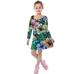 Hibiscus Dream Kids  Long Sleeve Velvet Dress