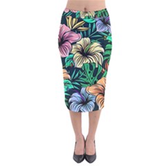 Hibiscus Dream Velvet Midi Pencil Skirt