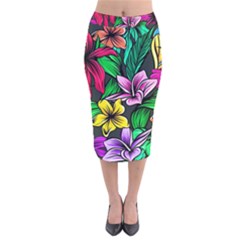 Neon Hibiscus Velvet Midi Pencil Skirt