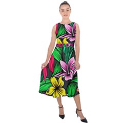 Neon Hibiscus Midi Tie-back Chiffon Dress