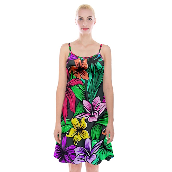 Neon Hibiscus Spaghetti Strap Velvet Dress