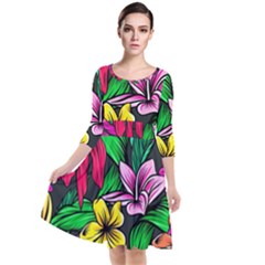 Neon Hibiscus Quarter Sleeve Waist Band Dress