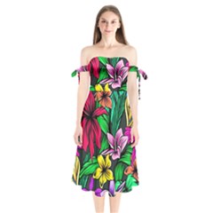 Neon Hibiscus Shoulder Tie Bardot Midi Dress