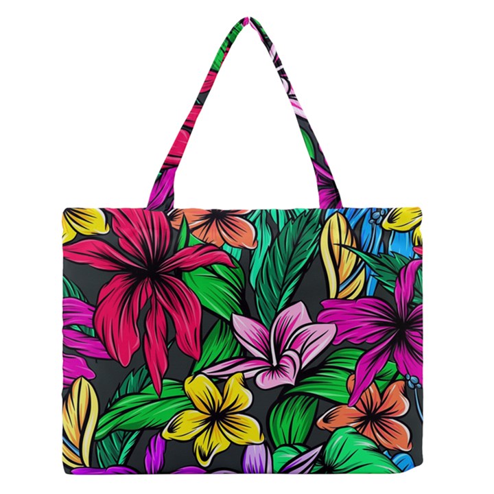 Neon Hibiscus Zipper Medium Tote Bag