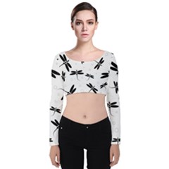 Dragonflies Pattern Velvet Long Sleeve Crop Top