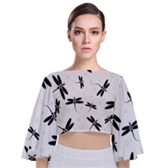 Dragonflies Pattern Tie Back Butterfly Sleeve Chiffon Top