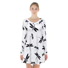 Dragonflies Pattern Long Sleeve Velvet V-neck Dress by Valentinaart