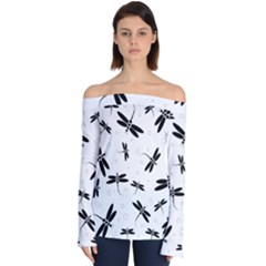 Dragonflies Pattern Off Shoulder Long Sleeve Top