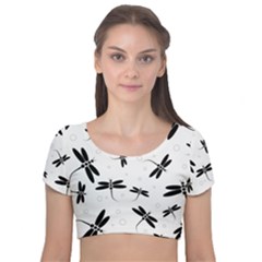 Dragonflies Pattern Velvet Short Sleeve Crop Top 