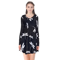 Dragonflies Pattern Long Sleeve V-neck Flare Dress by Valentinaart