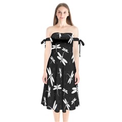 Dragonflies Pattern Shoulder Tie Bardot Midi Dress by Valentinaart