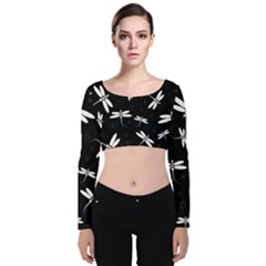 Dragonflies Pattern Velvet Long Sleeve Crop Top