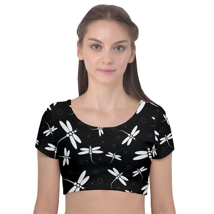 Dragonflies pattern Velvet Short Sleeve Crop Top 