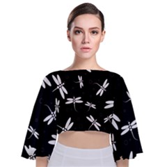 Dragonflies Pattern Tie Back Butterfly Sleeve Chiffon Top