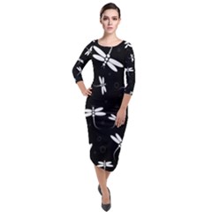 Dragonflies Pattern Quarter Sleeve Midi Velour Bodycon Dress