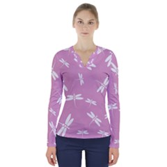 Dragonflies Pattern V-neck Long Sleeve Top by Valentinaart