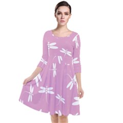 Dragonflies Pattern Quarter Sleeve Waist Band Dress