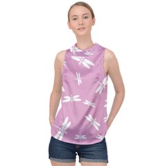 Dragonflies Pattern High Neck Satin Top