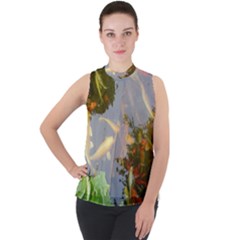 Koi Fish Pond Mock Neck Chiffon Sleeveless Top