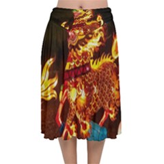 Dragon Lights Velvet Flared Midi Skirt