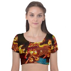 Dragon Lights Velvet Short Sleeve Crop Top 