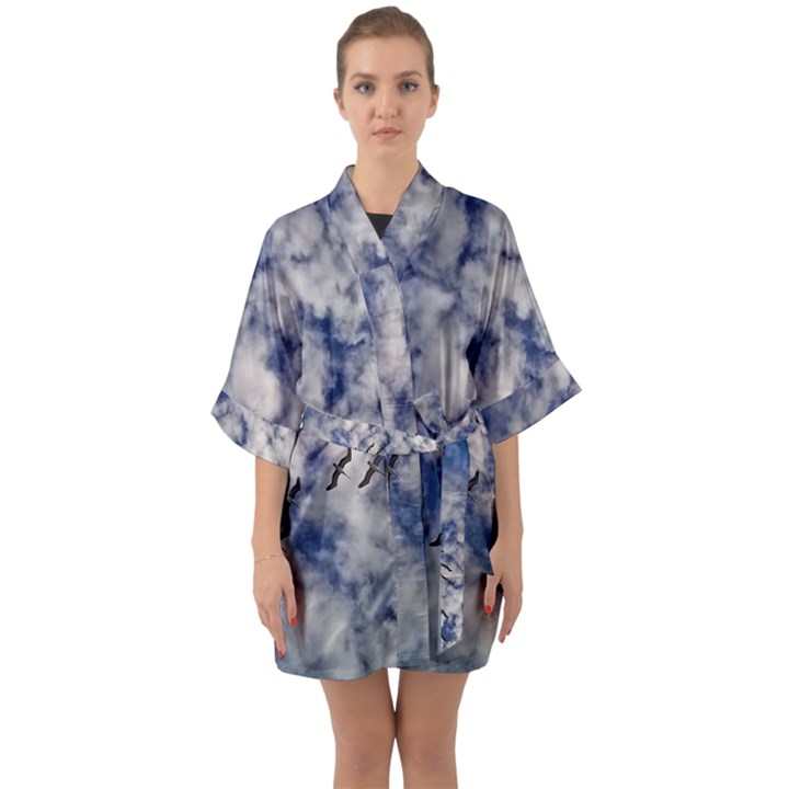 Pelicans In Flight Quarter Sleeve Kimono Robe