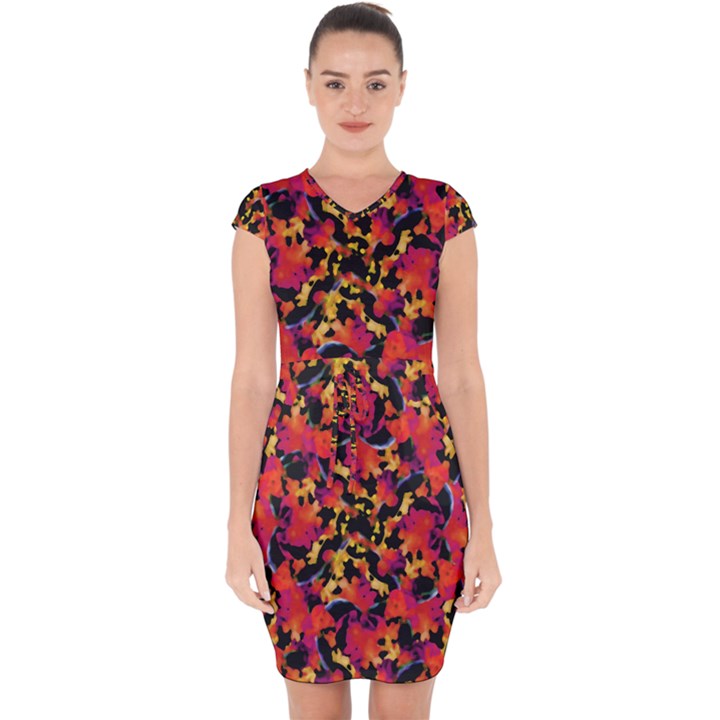 Red Floral Collage Print Design 2 Capsleeve Drawstring Dress 