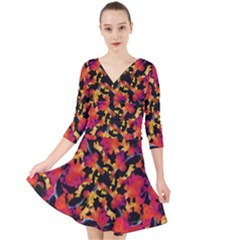 Red Floral Collage Print Design 2 Quarter Sleeve Front Wrap Dress