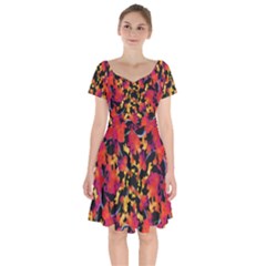 Red Floral Collage Print Design 2 Short Sleeve Bardot Dress