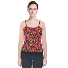 Red Floral Collage Print Design 2 Velvet Spaghetti Strap Top