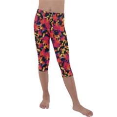 Red Floral Collage Print Design 2 Kids  Lightweight Velour Capri Leggings 