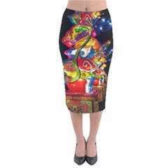 Dragon Lights Centerpiece Velvet Midi Pencil Skirt by Riverwoman