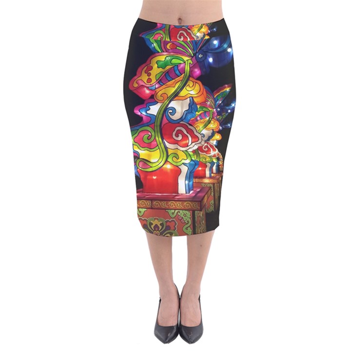 Dragon Lights Centerpiece Velvet Midi Pencil Skirt