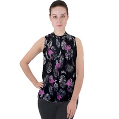 Flamingo Pattern Mock Neck Chiffon Sleeveless Top