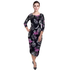 Flamingo Pattern Quarter Sleeve Midi Velour Bodycon Dress